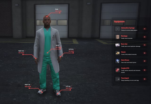 Patient view with head, torso, arm and leg health markers and an equipment list of adrenaline syringe, bandage, burn gel, gauze, neck brace, surgical kit and tourniquet.
