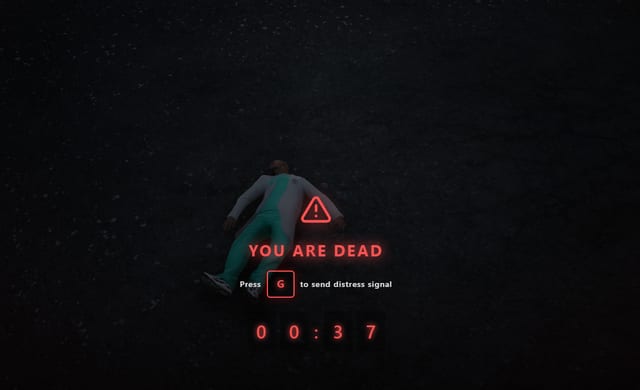 In-game death state showing the fallen character, a distress-signal G prompt and a 00:37 timer.