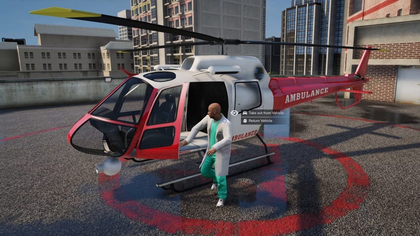 Medic in a white coat and green scrubs stepping out of a red and white air ambulance helicopter on a rooftop helipad between city buildings.