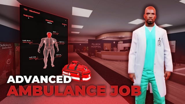 Doctor in scrubs beside a skeletal injury screen and a medical bag in a hospital.