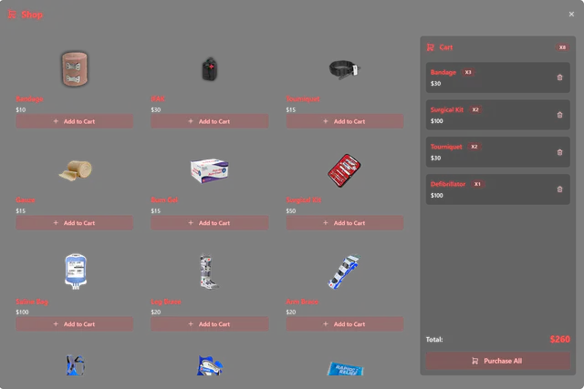 Hospital shop grid of medical items with prices and a cart holding bandages, surgical kits, tourniquets and a defibrillator with a total.