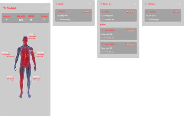 Skeletal patient view with per-body-part health, injury, health, BPM and bullet counters, and open Head, Torso and Left Leg windows listing injuries.