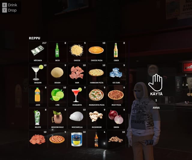 Inventory grid with food and drink items such as beer, cheese, pizzas, cocktails and limes, with item counts, and Finnish use and give buttons.
