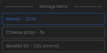 Storage items menu listing Money 227 euros, Cheese pizza 5x and Beretta 92 with 12x ammo.