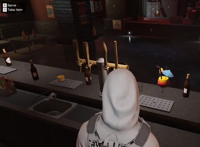 Player behind a bar with beer taps and cocktails on the counter and control hints for Serve and Take item.