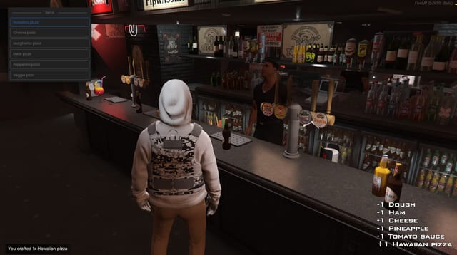 Bar interior with an Items menu of pizza types, a "You crafted 1x Hawaiian pizza" message and a list of consumed ingredients.