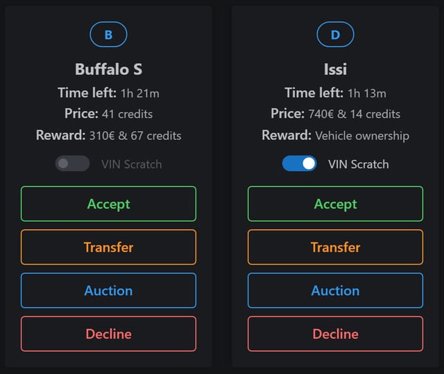Two contract cards on the boosting tablet, a class B Buffalo S and a class D Issi with its VIN Scratch switch on, each with Accept, Transfer, Auction and Decline buttons.