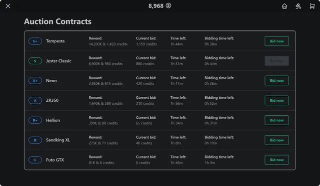 Auction Contracts list with class badges, vehicle names, rewards, current bids, time left, bidding time left and Bid now buttons, one disabled.