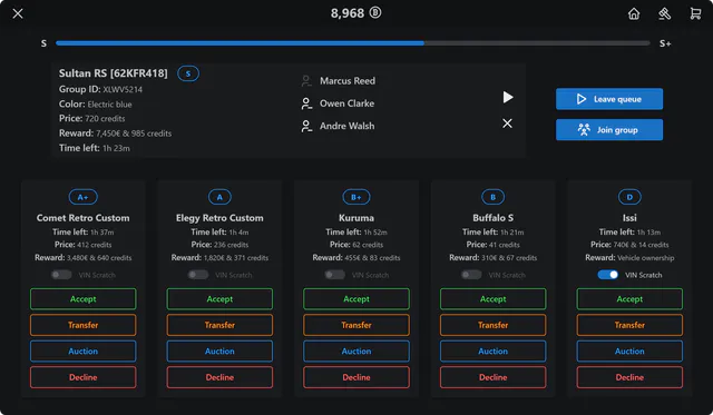 Boosting tablet with a class progress bar, the current Sultan RS contract and its group, and five vehicle contracts with rewards, a VIN Scratch toggle and action buttons.