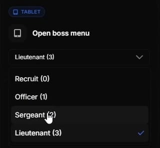 Open boss menu permission card for the tablet, set to Lieutenant (3), with its list open: Recruit (0), Officer (1), Sergeant (2) and Lieutenant (3).