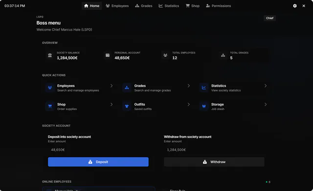 Boss menu home for LSPD with society balance, personal account, employee and grade totals, quick actions for employees, grades, statistics, shop, outfits and storage, and deposit and withdraw forms.
