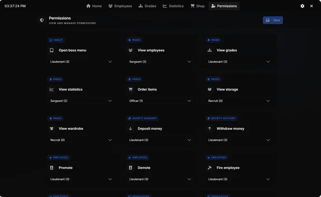 Boss menu permissions with minimum-grade selectors for opening the boss menu, viewing pages, ordering items, deposits, withdrawals, promoting, demoting and firing, and a Save button.