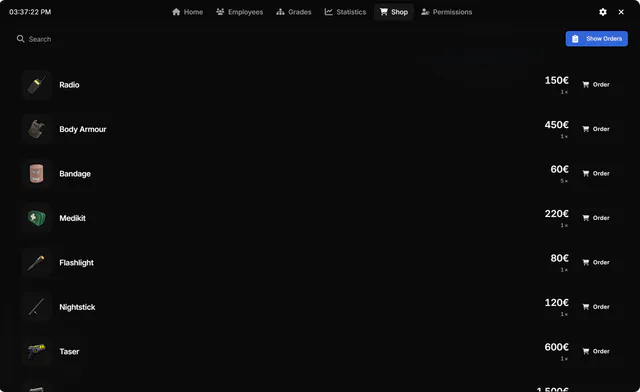 Boss menu shop listing a radio, body armour, bandage, medikit, flashlight, nightstick and taser with prices, quantities and Order buttons, and a Show Orders button.