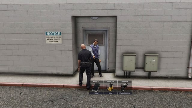 Police officer facing a man in a purple vest at a metal door in a grey block wall, above three item notifications: Added 1x Phone, Added 12x 9mm and Added 1x Combat Pistol.