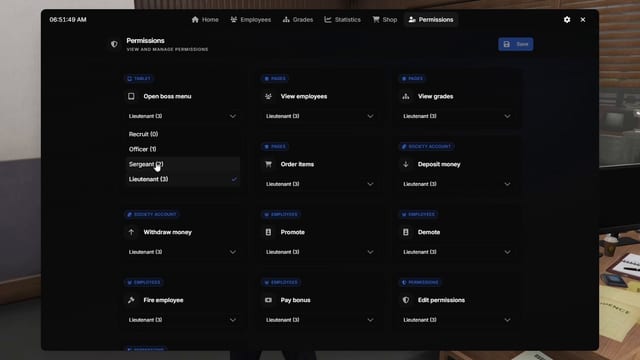 Boss menu Permissions page with a minimum grade per action, each set to Lieutenant (3), and the Open boss menu list open from Recruit (0) to Lieutenant (3).