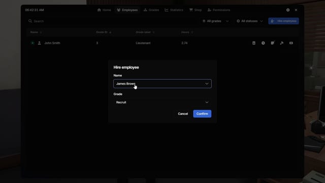 Boss menu Employees page with a Hire employee dialog: Name set to James Brown, Grade set to Recruit, and Cancel and Confirm buttons, over an employee table listing John Smith, Lieutenant, 2.74 hours.