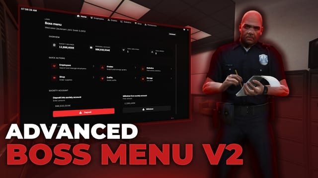 A police officer taking notes beside a dark boss menu dashboard.