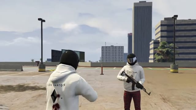 Back of a player in a white hoodie with blood stains, facing a helmeted player who holds a rifle, with office towers behind.