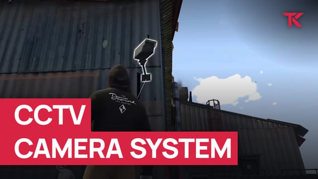 Hooded player placing a CCTV camera, outlined in white, on a corrugated metal wall under a blue sky.