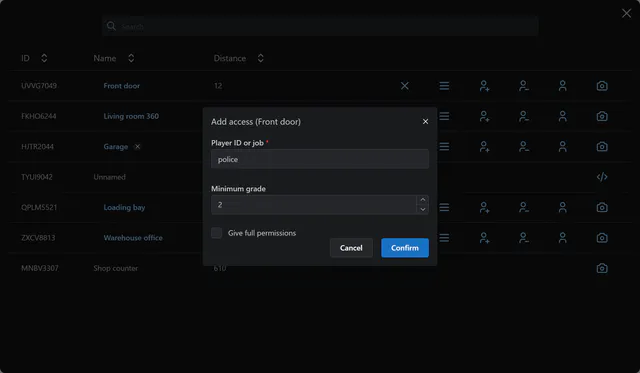 Add access dialog for the Front door camera with the job police, a minimum grade of 2, a Give full permissions checkbox and Cancel and Confirm buttons.