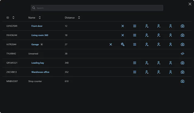 Camera list with search and sortable ID, name and distance columns, seven cameras with remove, group, add access, remove access, access list, repair and view buttons where allowed.