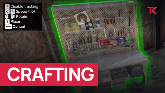 Crafting workbench with a tool board, outlined in green while the player places it, with key hints to rotate, place or cancel.