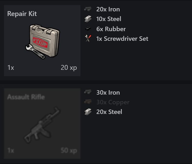 Two recipes in the crafting menu: a Repair Kit with its ingredients and XP, above a greyed-out Assault Rifle whose Copper line is greyed out.