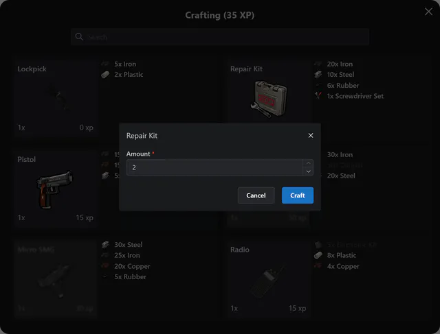 Repair Kit craft dialog with an amount of 2 and Cancel and Craft buttons over the crafting menu.
