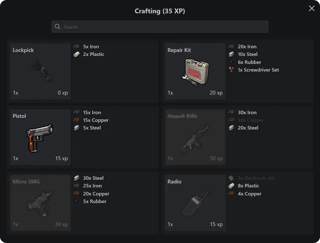 Crafting menu at 35 XP with search and recipes for a lockpick, repair kit, pistol and radio, plus a greyed-out assault rifle and micro SMG, each with ingredient counts and XP.