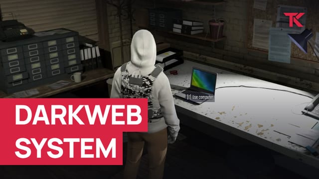 Player in a white hoodie standing at a desk with an open laptop and the prompt "[E] Use computer".