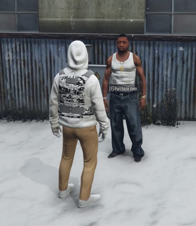 Player facing an NPC in the snow with the prompt "[E] Purchase item".