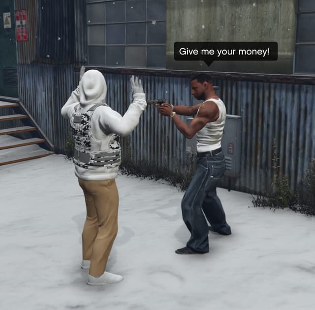 An armed NPC with the speech bubble "Give me your money!" facing a player with raised hands.