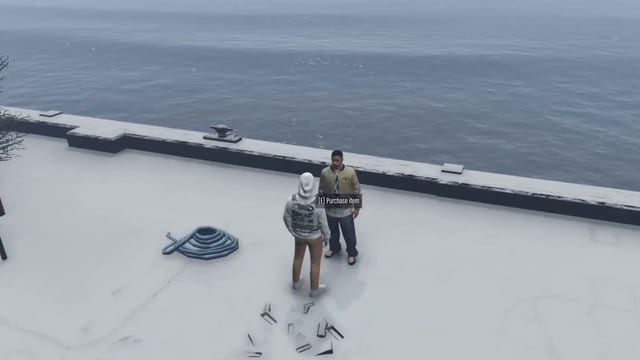 Player in a white hoodie facing a man in a yellow jacket on a snowy pier by the sea, with the prompt "[E] Purchase item" between them.