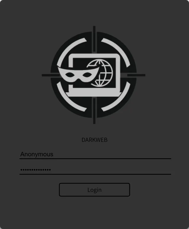 Darkweb login window with a mask-and-globe logo, the username Anonymous, a masked password and a Login button.