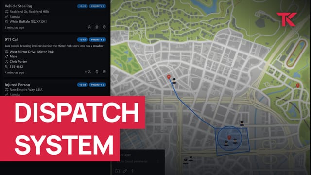 Dispatch call list with Vehicle Stealing, 911 Call and Injured Person entries beside a city map with unit markers, a route line and a marked zone.