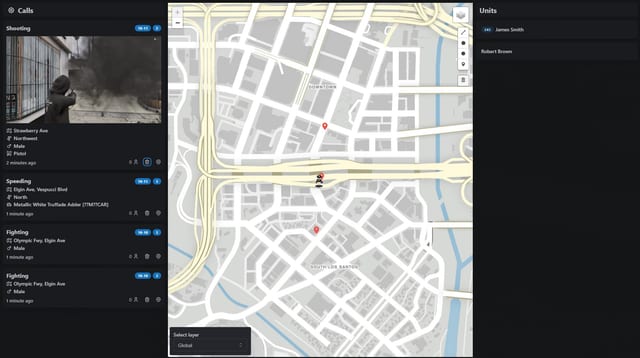 Dispatch interface with shooting, speeding and fighting calls, a shooting image, map markers, a unit roster, drawing controls and a layer selector.