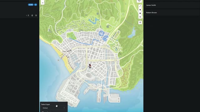 Dispatch map of the city: a layer is picked from the layer selector, a circle is drawn on the map, and two units in the right-hand panel are joined into Group 1.