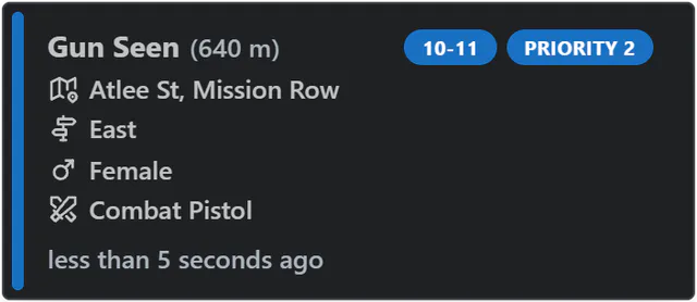 Alert notification for Gun Seen 640 m away with code 10-11, priority 2, street, direction, gender, weapon and a less than 5 seconds ago time.
