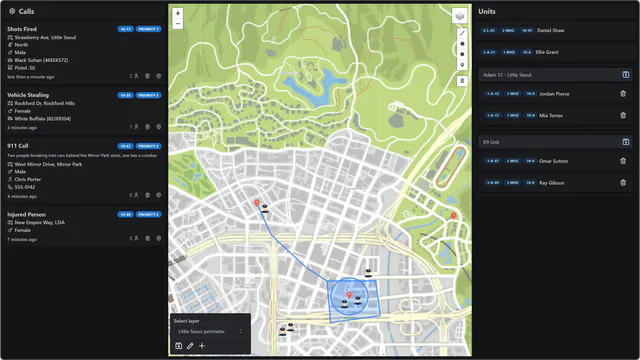 Dispatch screen with a calls column, a map with a drawn polygon, circle and route line, and a units column with two named groups.
