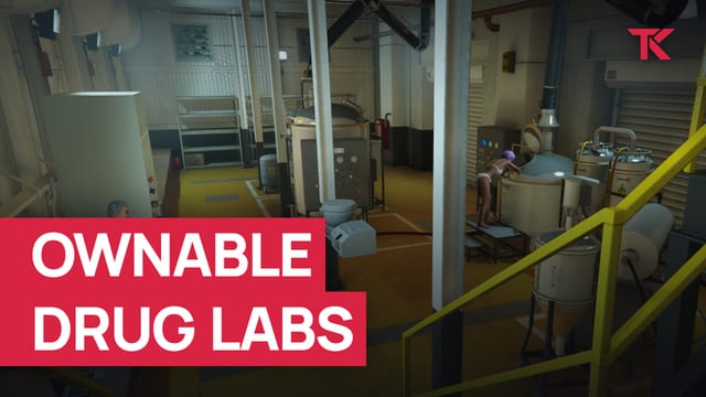 Drug lab interior with steel tanks and a yellow-railed walkway, with workers at the equipment.