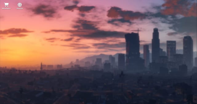 Darkweb tablet home screen over a blurred Los Santos skyline at sunset, with Marketplace and Darkchat icons.