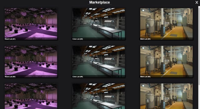 Marketplace screen listing weed, coke and meth labs numbered one to six, each with an interior photo.