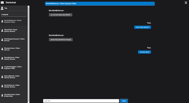 Darkchat app with a contact list of clients by area and a conversation about buying weed, with a message field and a Send button.