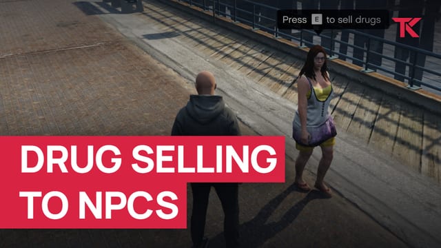 Bald player in a grey hoodie facing a woman on a sunlit boardwalk with the prompt "Press E to sell drugs".