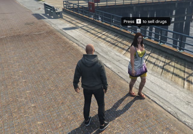 Player facing an NPC on a pier with the prompt "Press E to sell drugs".