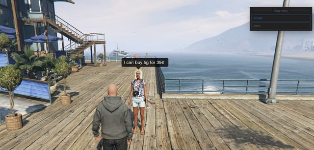 NPC on a pier saying "I can buy 5g for 35€" beside a Drug menu with Accept and Deny.