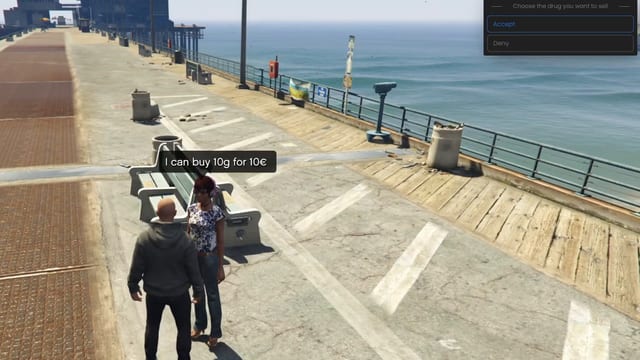 Player beside a woman in a patterned top on a seaside pier, under the speech bubble "I can buy 10g for 10€", with an Accept and Deny menu in the top-right corner.