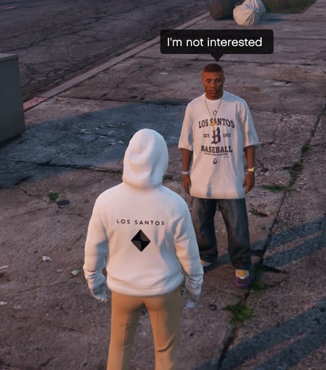 NPC on a pavement with the speech bubble "I'm not interested" facing the player.