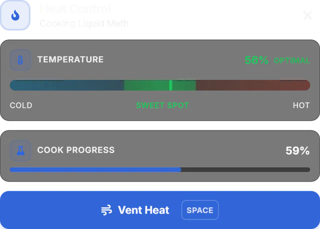 Cooking table minigame for liquid meth in progress, with a progress bar and a heat gauge.