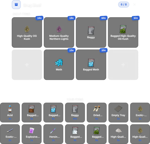 Drug Shelf storage with eight slots, six holding drug stacks, above the player inventory.